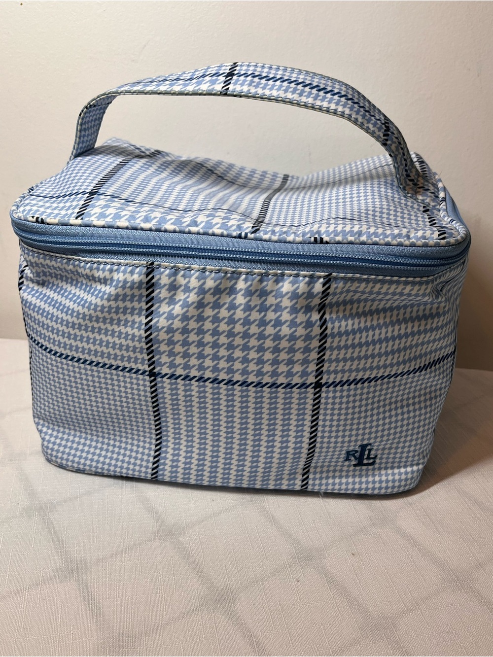 Ralph Lauren Light Blue and White Plaid Toiletry Case
Large